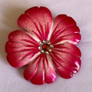 Fuchsia Red / Hot Pink Hibiscus Flower Pin with Rhinestones